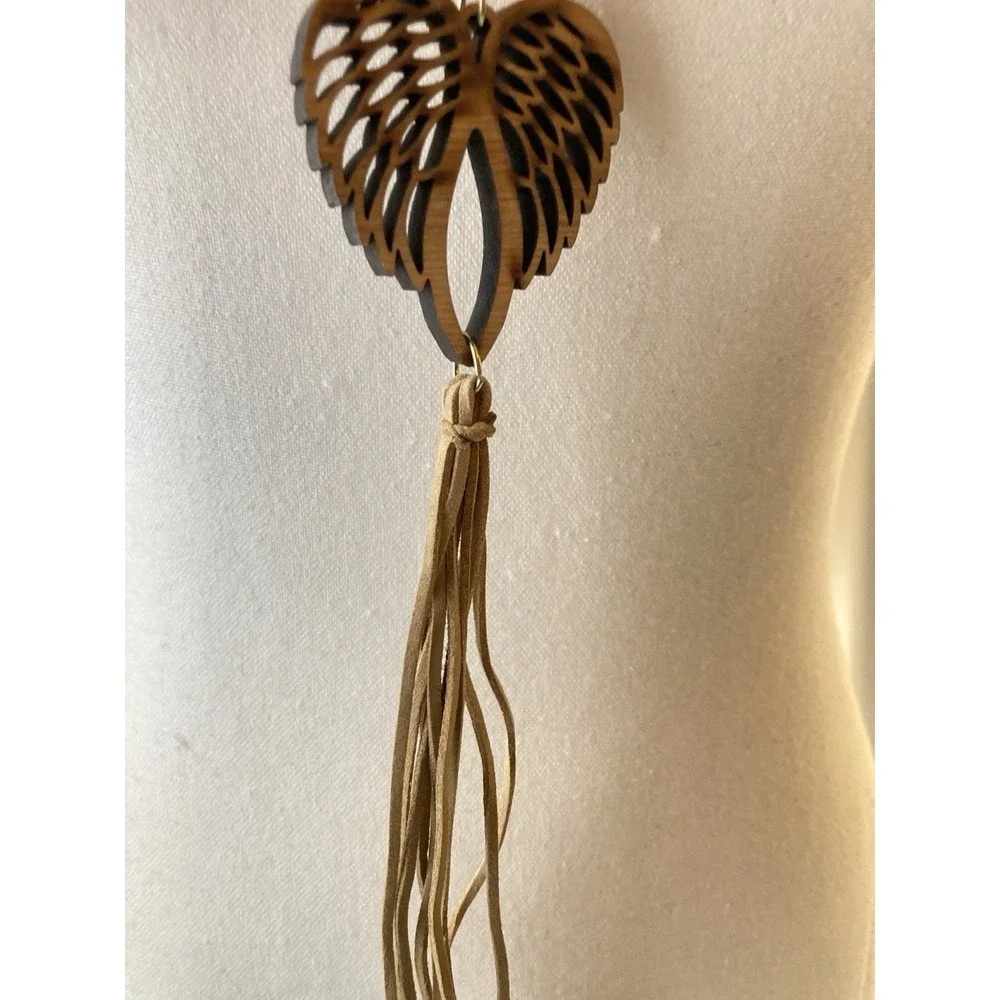 Faux Pearl Leaf Tassel Necklace Long Boho Pendant Earthy Brown Angel‎ Wings